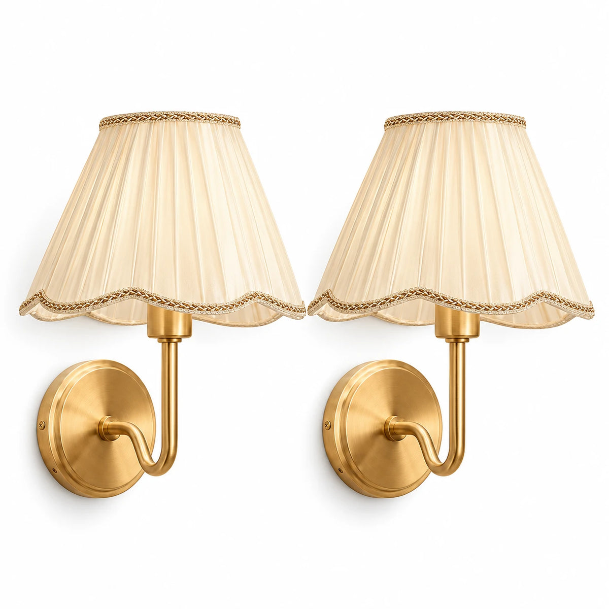 Rechargeable Wall Sconces Set of 2 - Gold Battery Operated Wall Lights with Pleated Fabric Shade & Remote