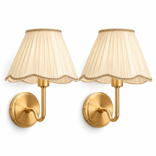 Rechargeable Wall Sconces Set of 2 - Gold Battery Operated Wall Lights with Pleated Fabric Shade & Remote