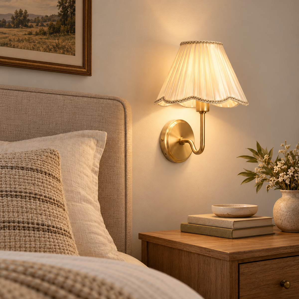 Rechargeable Wall Sconces Set of 2 - Gold Battery Operated Wall Lights with Pleated Fabric Shade & Remote