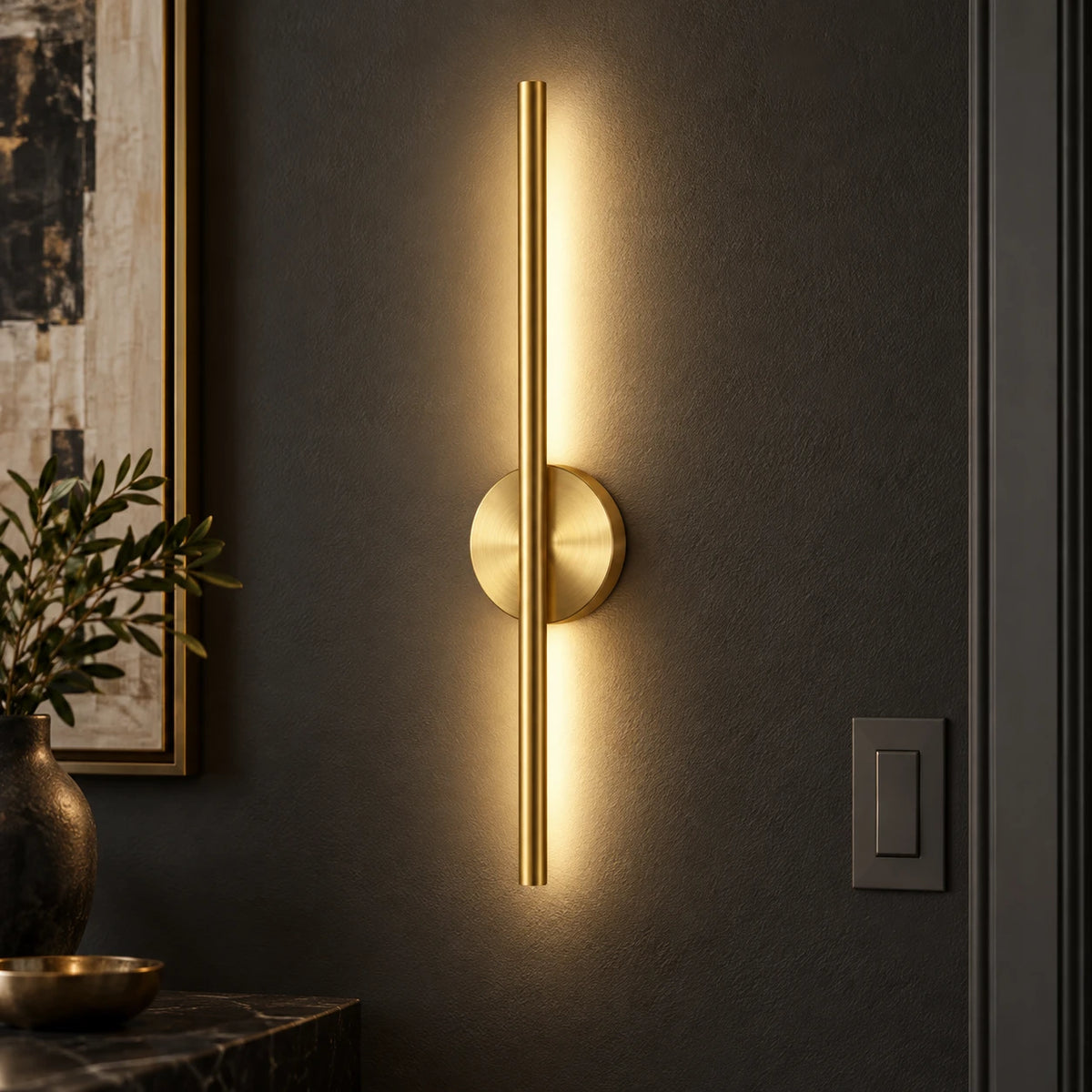 Rechargeable Wall Sconces Set of 2 - Gold Linear LED Wall Lights, Battery Operated Magnetic Wall Lamp with Remote, 20 in