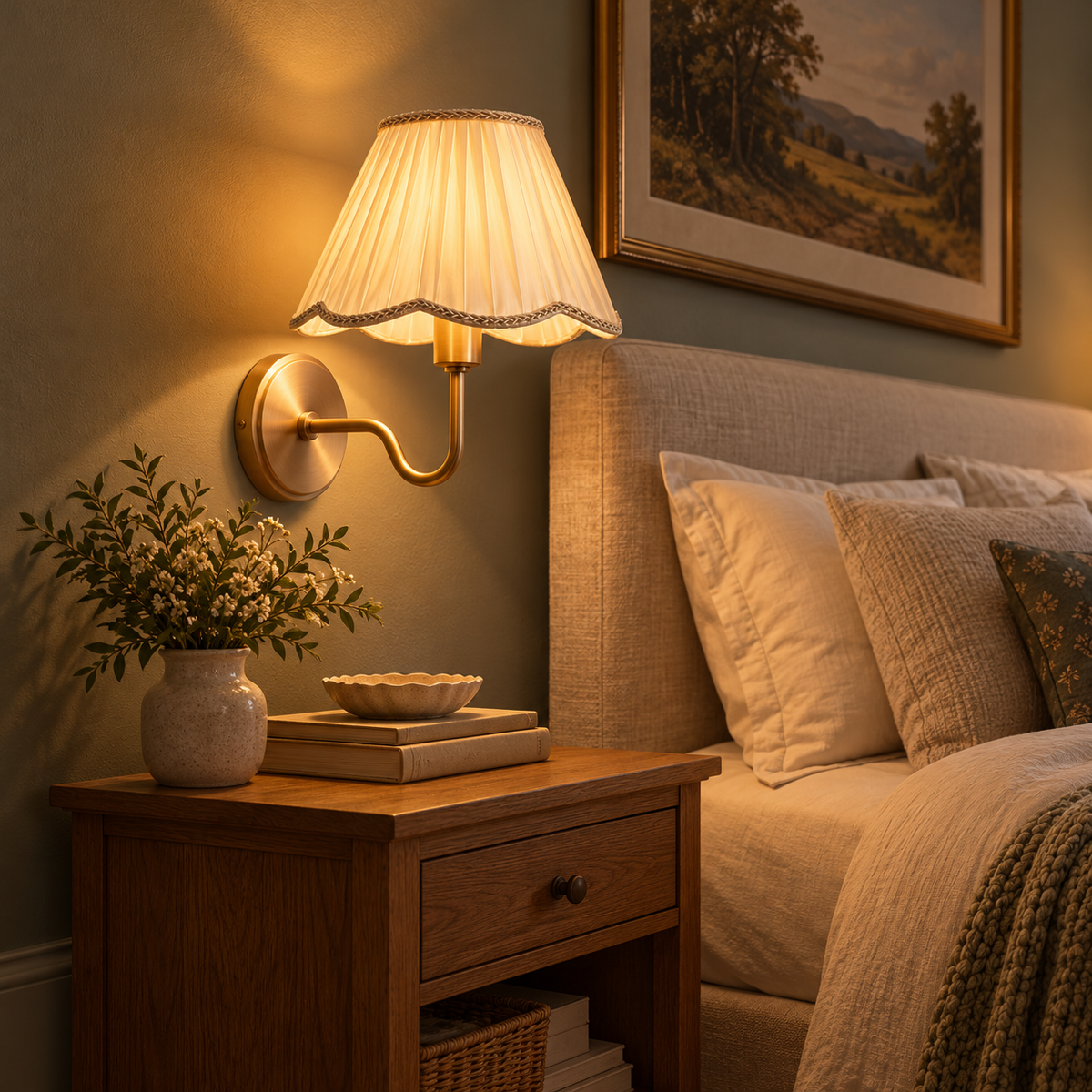 Rechargeable Wall Sconces Set of 2 - Gold Battery Operated Wall Lights with Pleated Fabric Shade & Remote