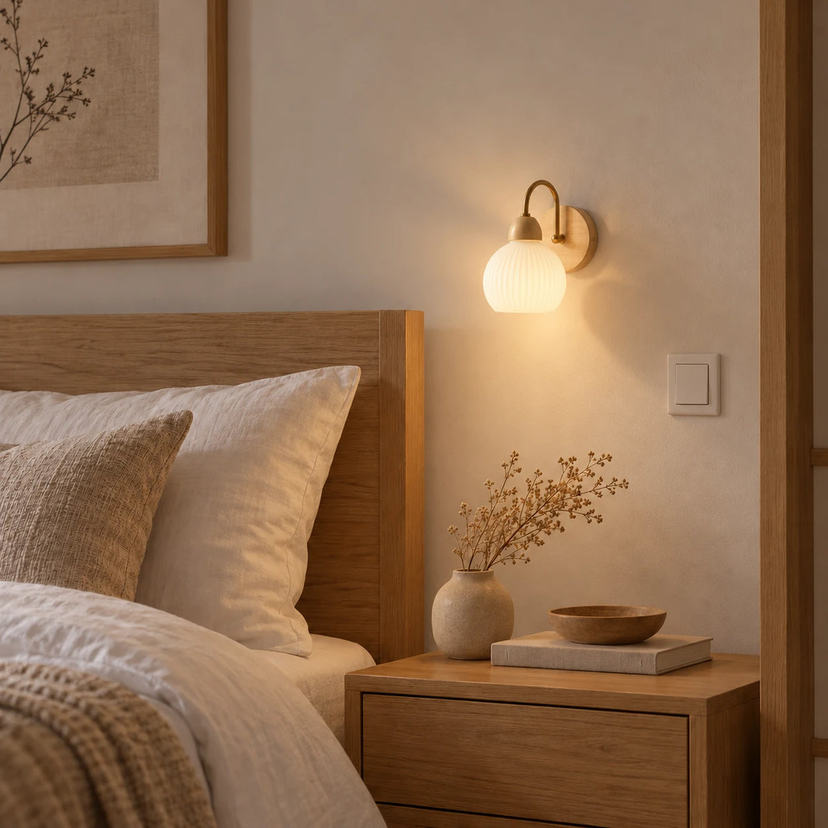 Rechargeable Wall Sconces Set of 2 - Ribbed Glass Battery Operated Wall Lights with Gold Arm, Wood Base & USB-C Charging