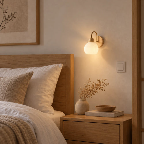 Rechargeable Wall Sconces Set of 2 - Ribbed Glass Battery Operated Wall Lights with Gold Arm, Wood Base & USB-C Charging