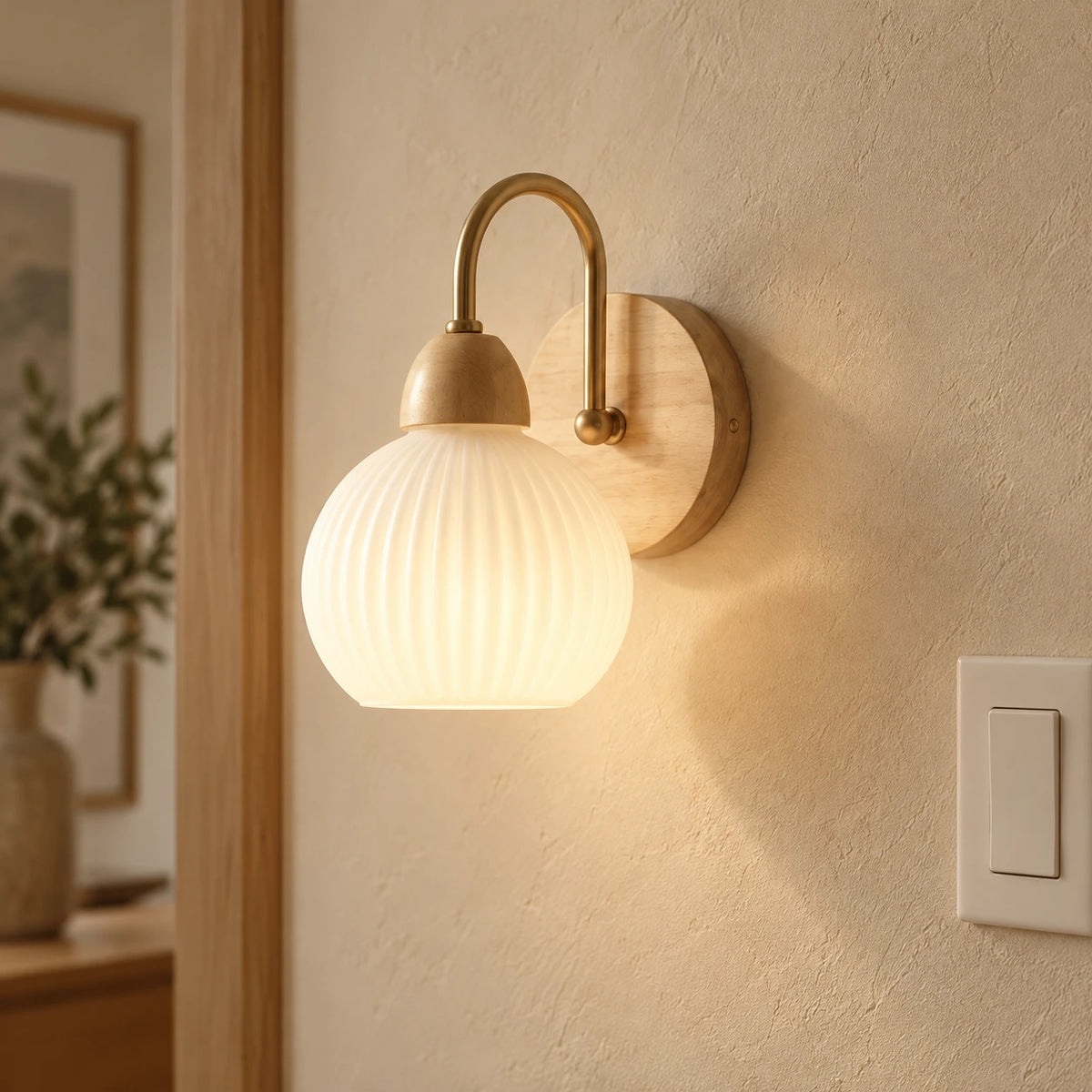 Rechargeable Wall Sconces Set of 2 - Ribbed Glass Battery Operated Wall Lights with Gold Arm, Wood Base & USB-C Charging