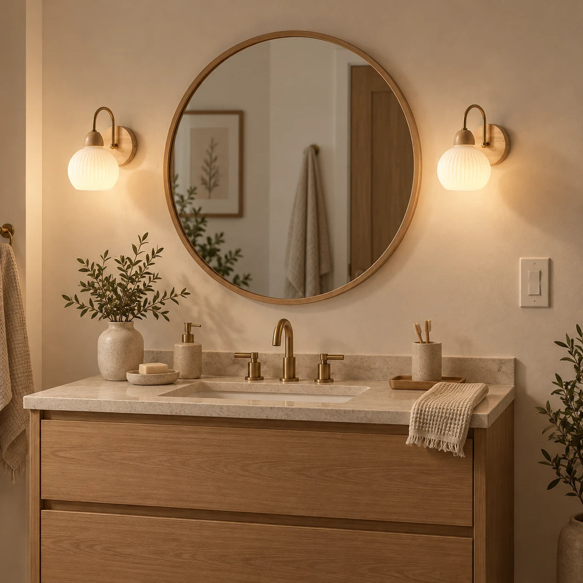Rechargeable Wall Sconces Set of 2 - Ribbed Glass Battery Operated Wall Lights with Gold Arm, Wood Base & USB-C Charging