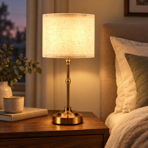 Cordless Table Lamps Set of 2 - Rechargeable Battery Operated Bedside Lamps with Linen Drum Shade, Brass Base & Touch Dimming
